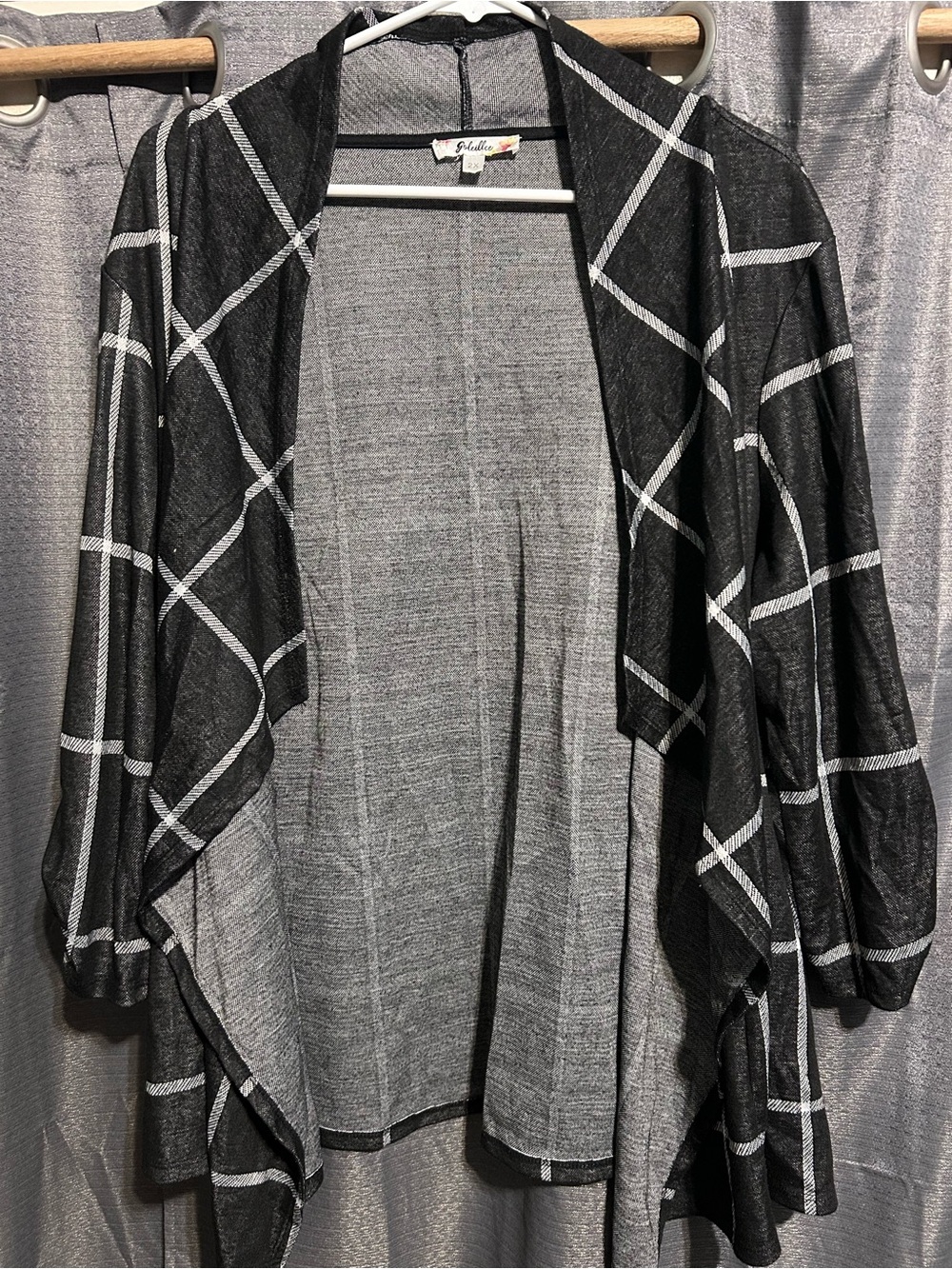 Open-Front Black Plaid Draped Cardigan